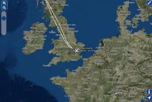 Image of test flight route as shown on Bluebox wireless IFE’s moving map integrated into the Titan Airways passenger interface