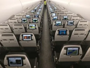 Photo of interior of Titan Airway's Airbus A321LR during test flight of Bluebox’s wireless IFE integration with Airbus OSP
